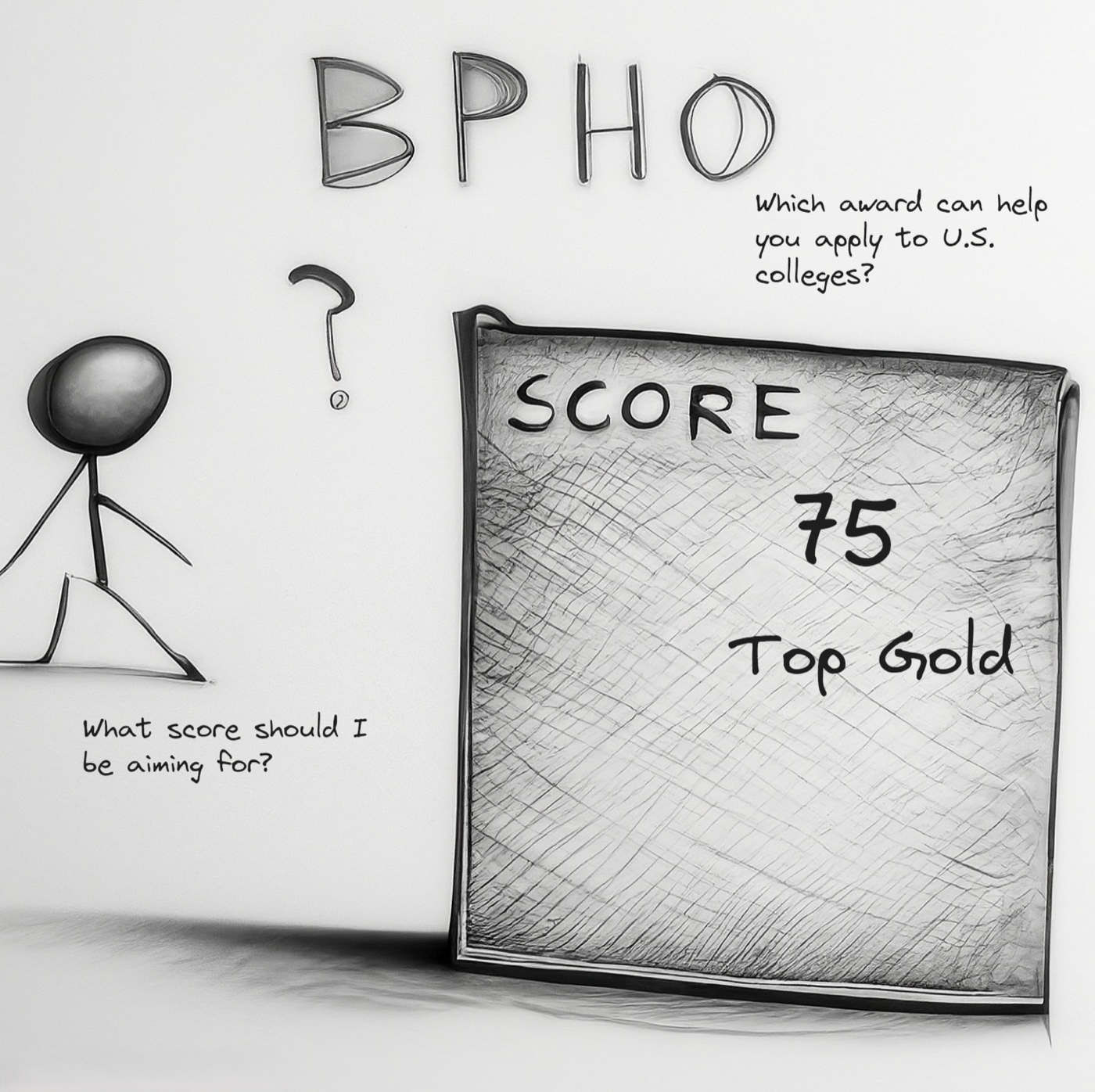 A stick figure asks: what score should I be aiming for? A notepad shows Score 75 = Top Gold, the tier recognized by US colleges.