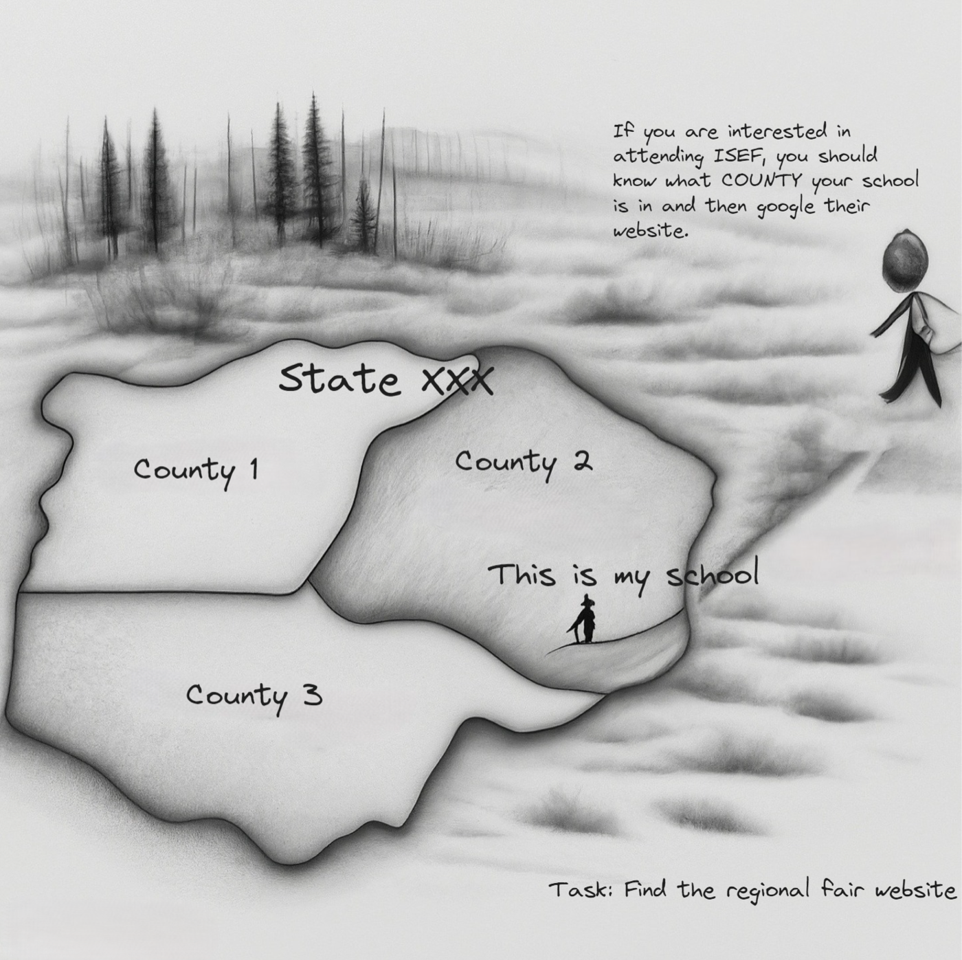 A map showing a state divided into counties — County 1, County 2, County 3 — with a stick figure marking 'This is my school.' Task: find the regional fair website.