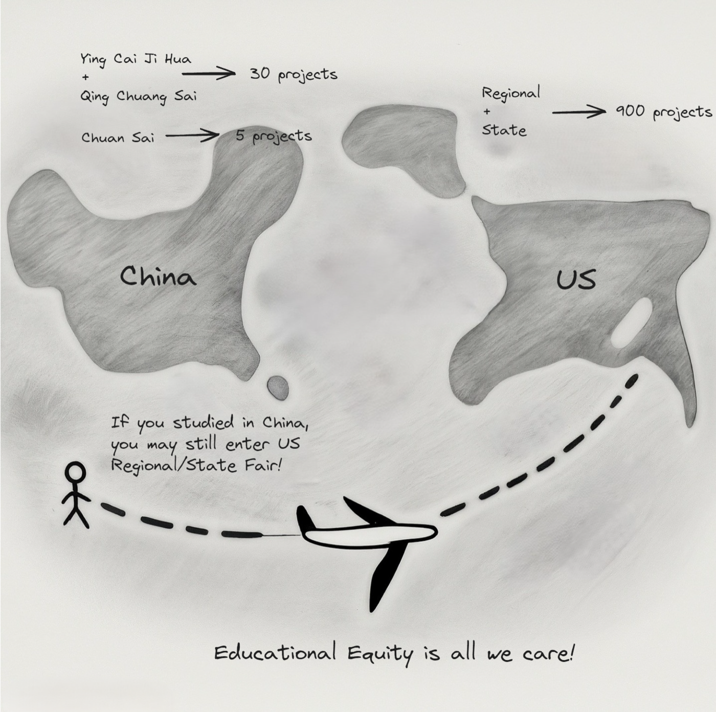 A map of China and the US with arrows showing project quotas. China: ~30 projects via Ying Cai Ji Hua / Qing Chuang Sai, 5 via Chuan Sai. US: 900 via regional and state fairs.
