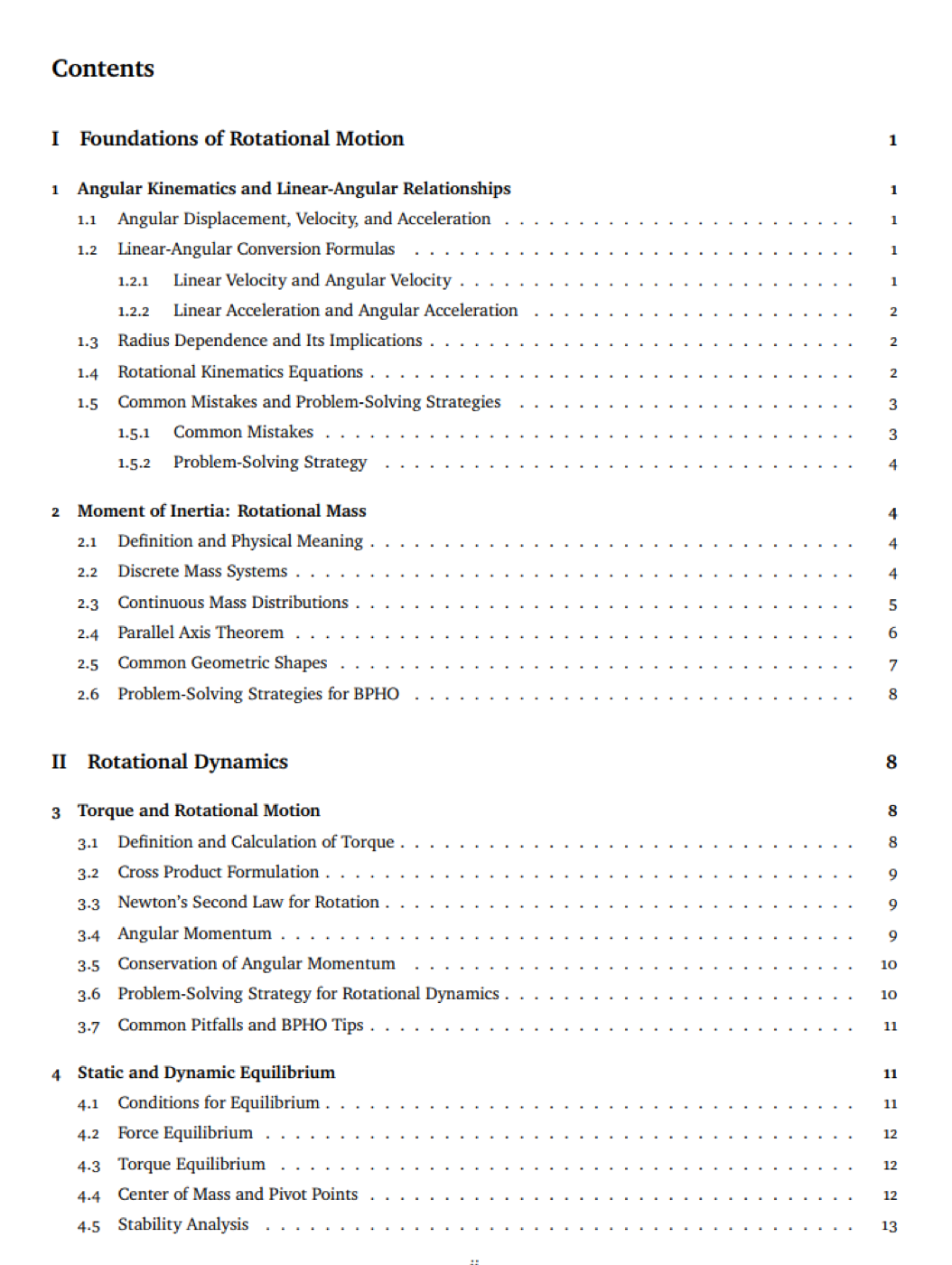 Sample session table of contents