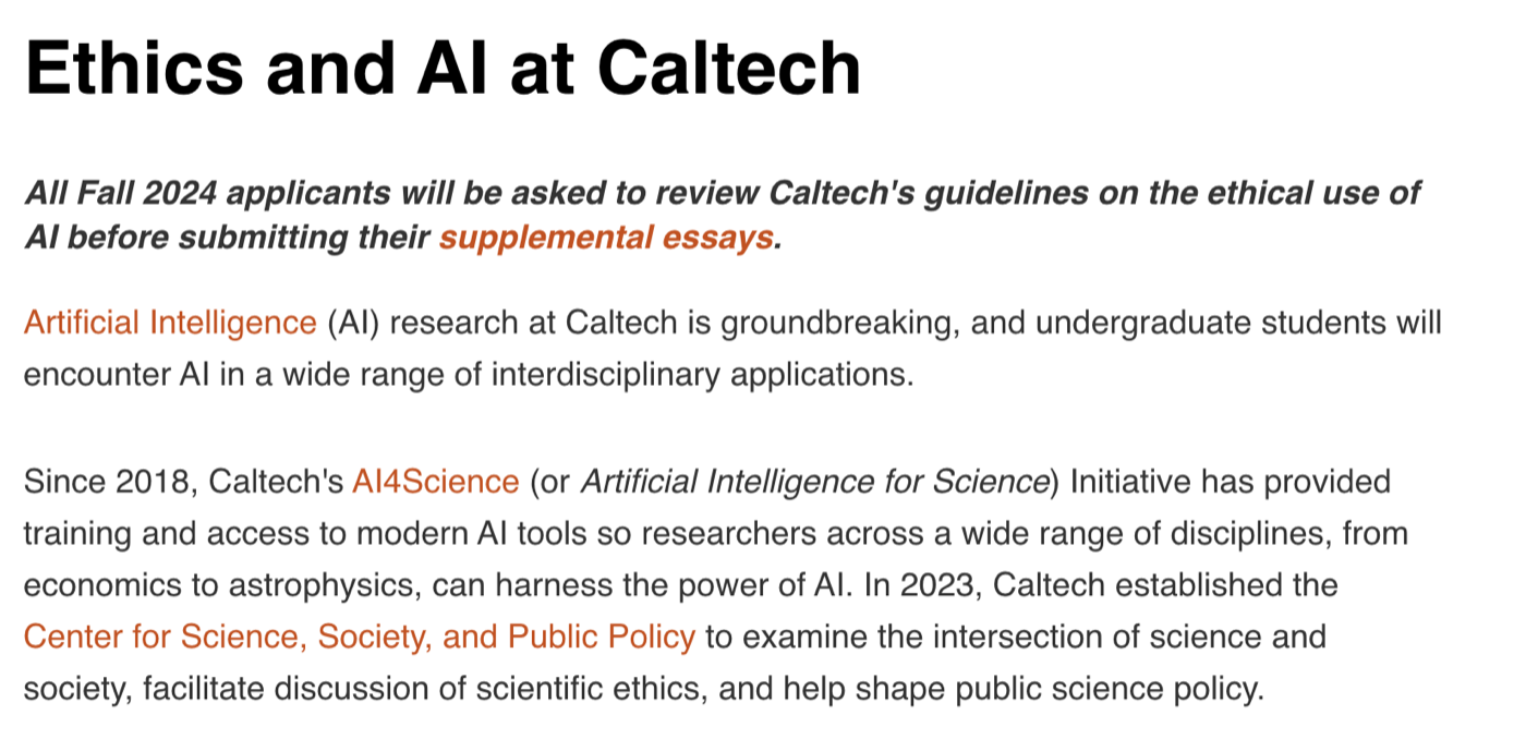 Caltech official AI admissions guidance