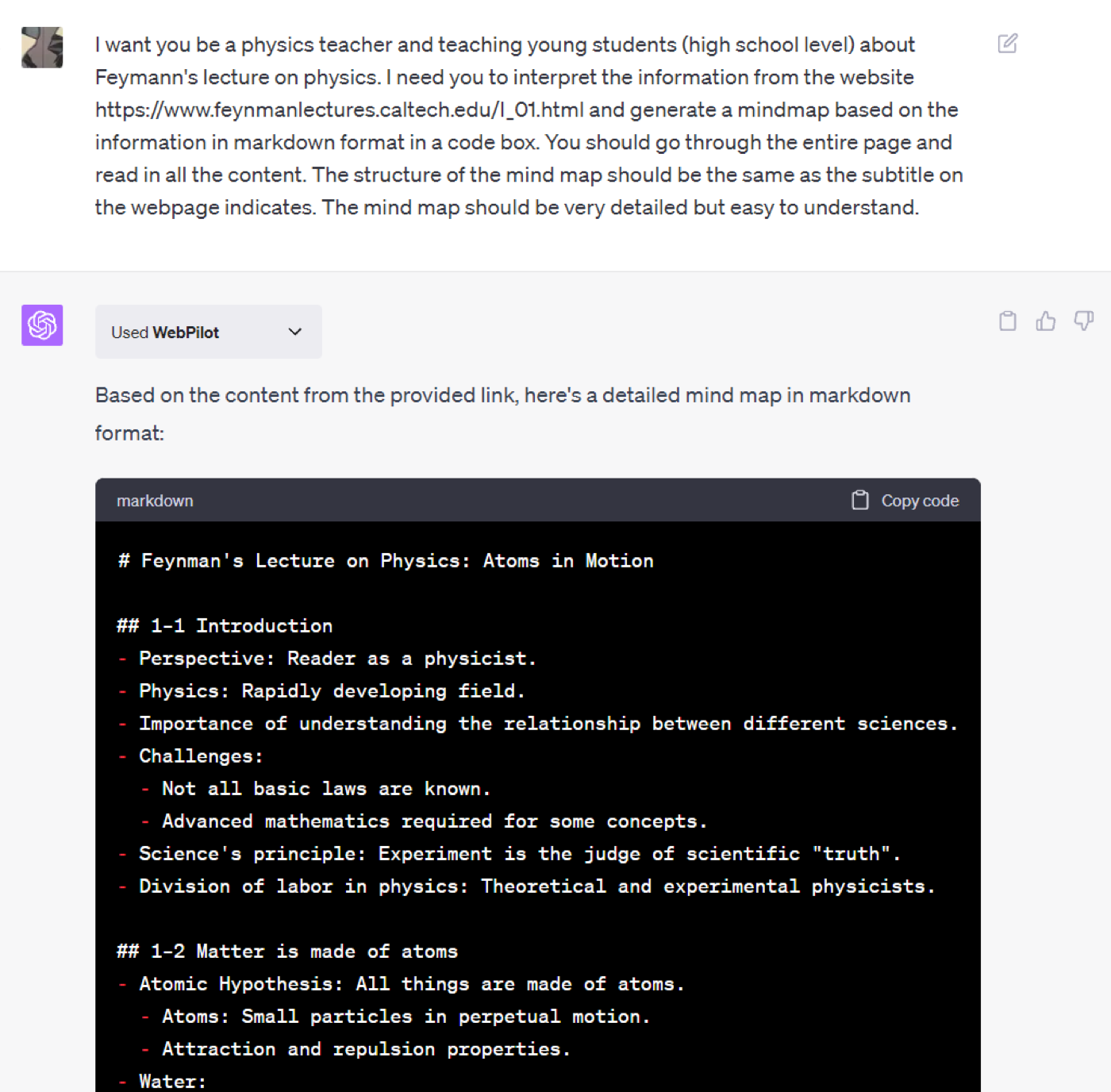 Using Webpilot to generate a Markdown outline