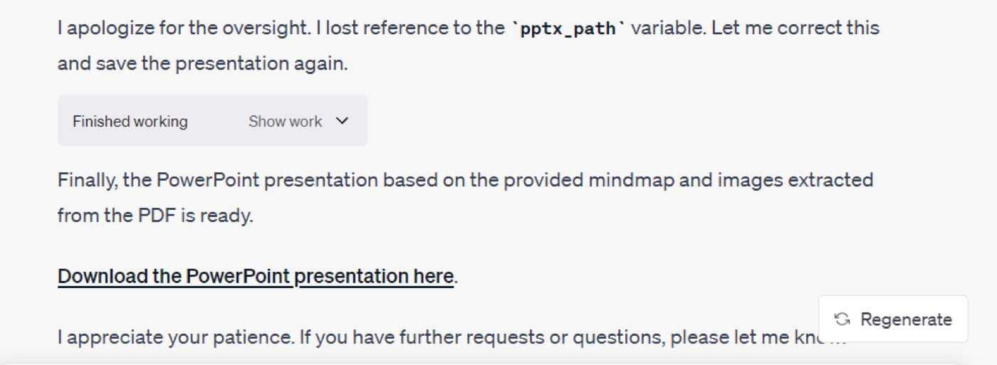 Code Interpreter working through the PowerPoint generation