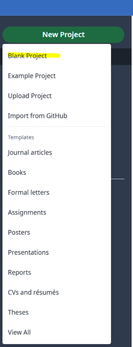 Creating a blank project in Overleaf