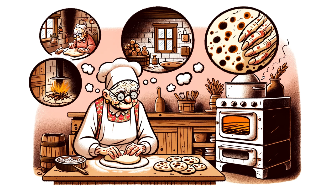 DALL-E 3 illustration for paragraph 4: grandmother kneading burek