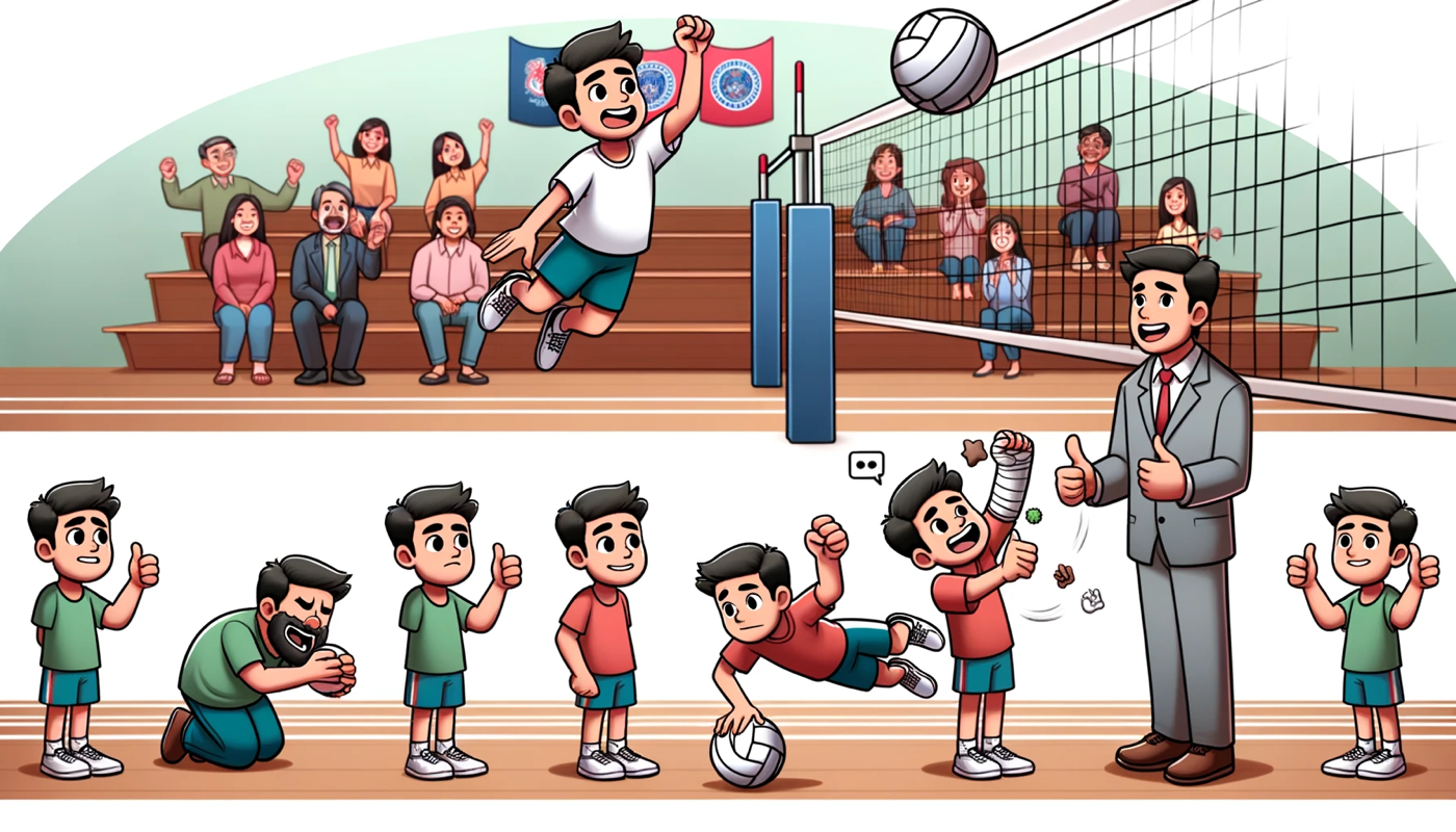 DALL-E 3 illustration for paragraph 6: volleyball dive, fractured thumb