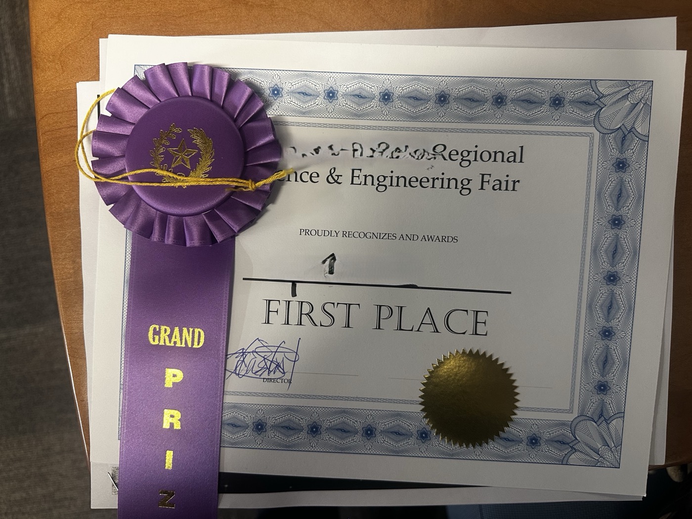 ISEF regional award certificate